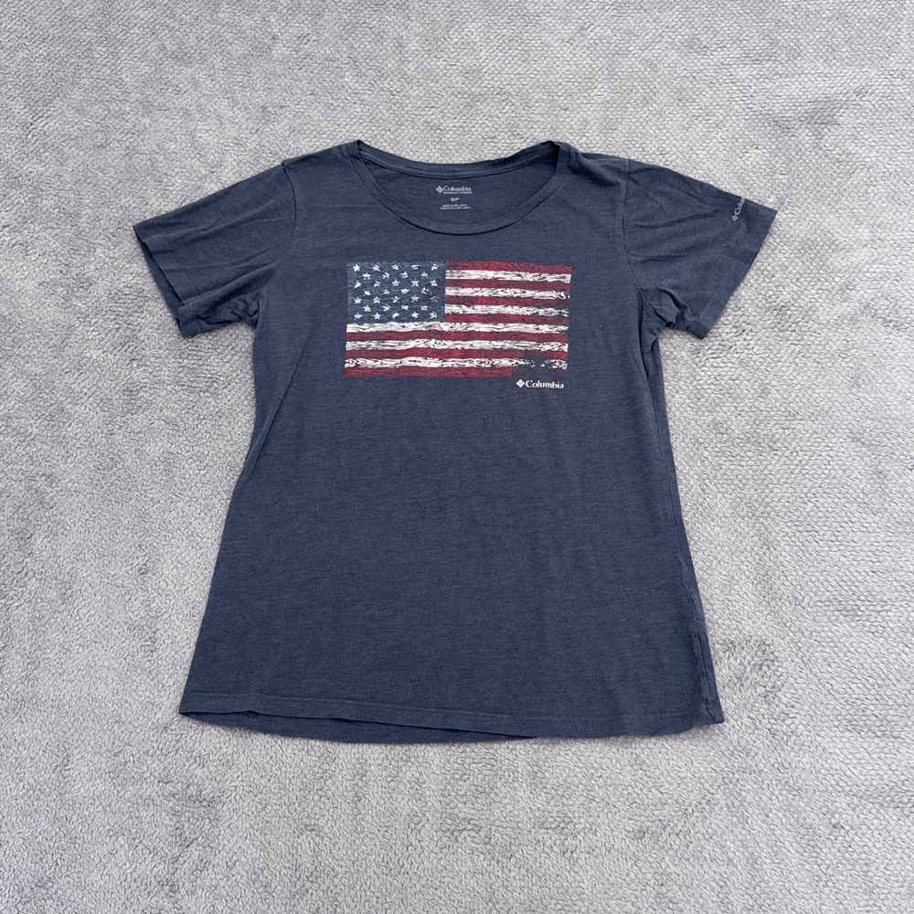 Columbia T-Shirt Womens S Blue American Flag Graphic Short Sleeve Tee